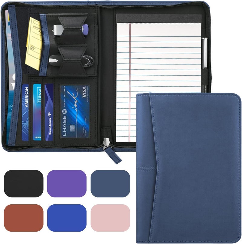 Gorbado Small Portfolio Organizer, A5 Zippered Business Portfolio, Junior Padfolio Folder Binder for Women & Men, 5 x 8 Writing Pad Included, Navy Blue - Image 1